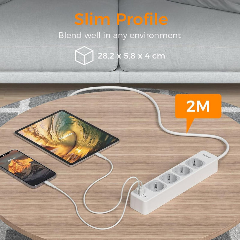 TESSAN 7-in-1 Steckdosenleiste Verlängerungskabel mit USB-C und USB-A Anschlüssen, Grau, 2 m Kabellänge - Bild 3
