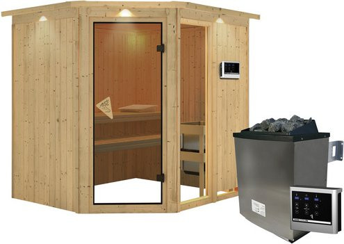 Karibu Sauna Paide 2 aus Fichtenholz in Beige inklusive 9 kW Saunaofen mit externer Steuerung für 3 Personen, B/T/H: 210 x 184 x 202 cm - Bild 1