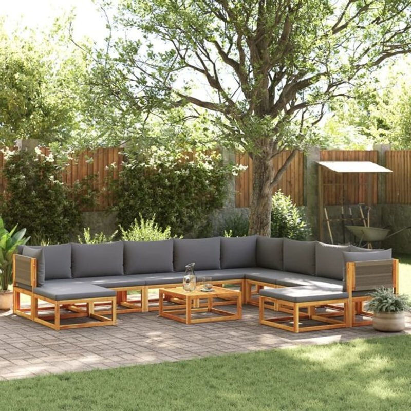 11-tlg. Modernes Gartensofa-Set Vidaxl aus Akazie und Seil mit grauen Kissen aus Polyester und Polypropylen - Bild 1