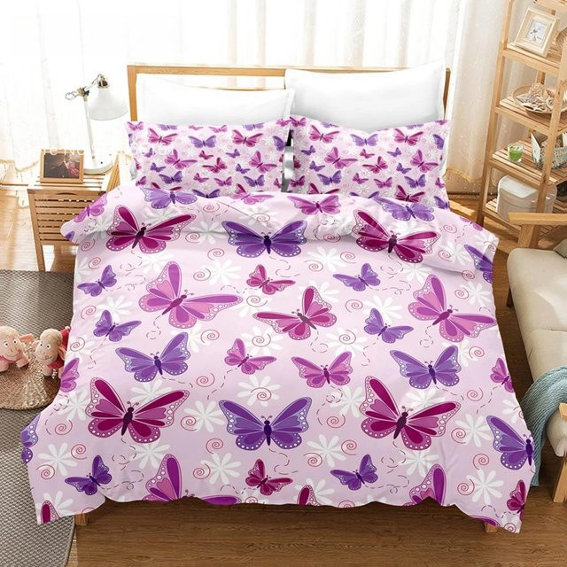 Binchi Fitness Bettwäsche-Set mit Schmetterlings- und Regenbogen-Motiv, Doppelbettgröße, Rosa und Lila, B/H: 150 x 200 cm - Bild 1