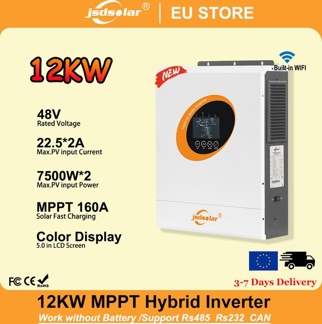 Jsdsolar Solar-Hybrid-Wechselrichter 12KW 48V mit Dual MPPT, 160A, WLAN und Smart BMS für Off-Grid PV-Stromspeichersysteme, Weiß - Bild 1