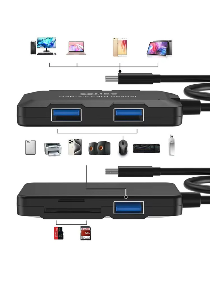 OULLX 5-Port USB 2.0 Hub mit Micro-SD TF Kartenleser und Datenübertragungskabel, USB Kombi Konverter Adapter in Schwarz - Bild 6
