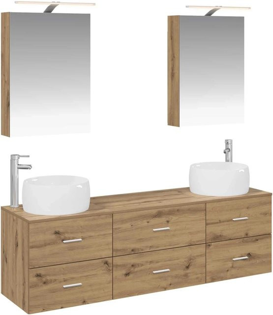 vidaXL Badezimmermöbel-Set 5-teilig in Artisan-Eiche mit Glas, Spiegelschrank mit LED-Beleuchtung, Waschtischunterschrank und Seitenschrank, Braun - Bild 1