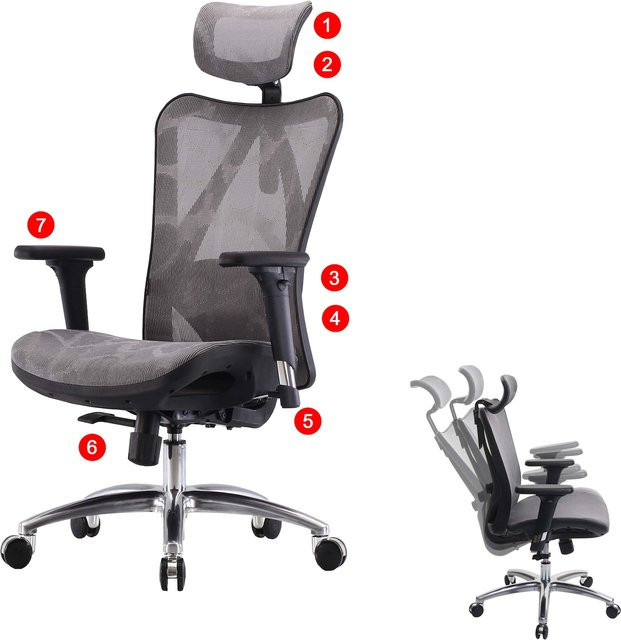 Ergonomischer Bürostuhl MCW J87 mit verstellbaren Armlehnen und Kopfstütze, Farbe Grau/Schwarz, Belastbarkeit 150 kg, B/T/H: 66 x 73 x 128 cm - Bild 1