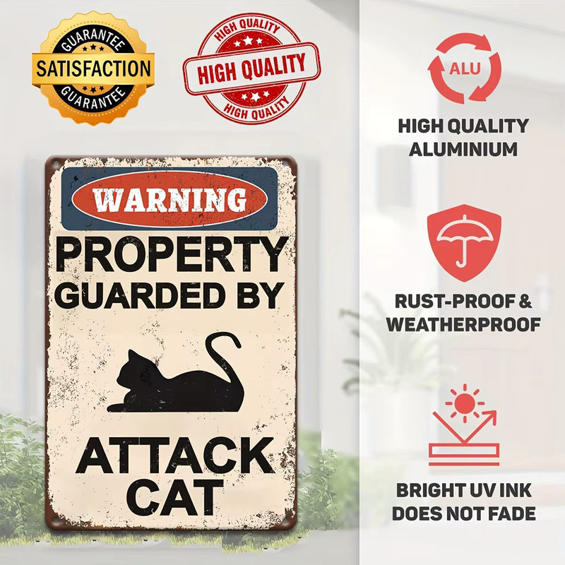 HELLOYOUNG Warnschild Angriffs Katze Vintage Wandplakette aus Metall in Weiß für die Außenwand - Bild 5