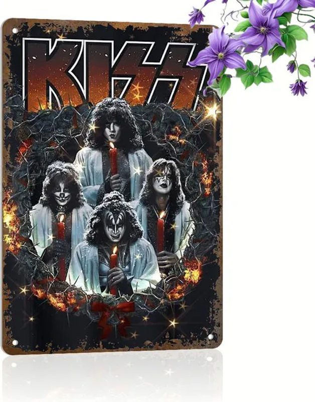 Vintage KISS Band Metallschild Dekorative Plakette in Silber und Schwarz, Wandbehang aus Metall mit Porträt, B/H: 14 x 20 cm - Bild 1