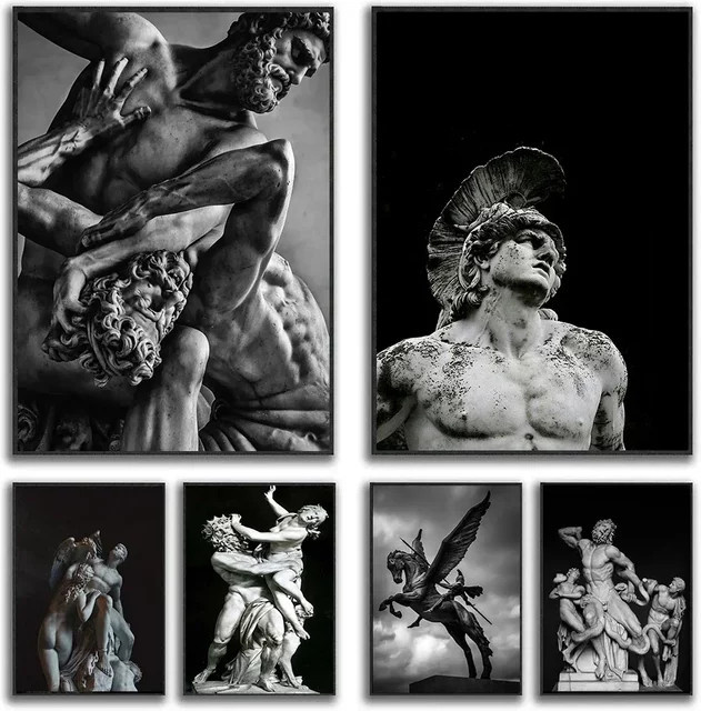Potdemiel Leinwand Poster Griechische Mythologie Skulptur in Schwarz-Weiß im Nordic Design - Bild 1