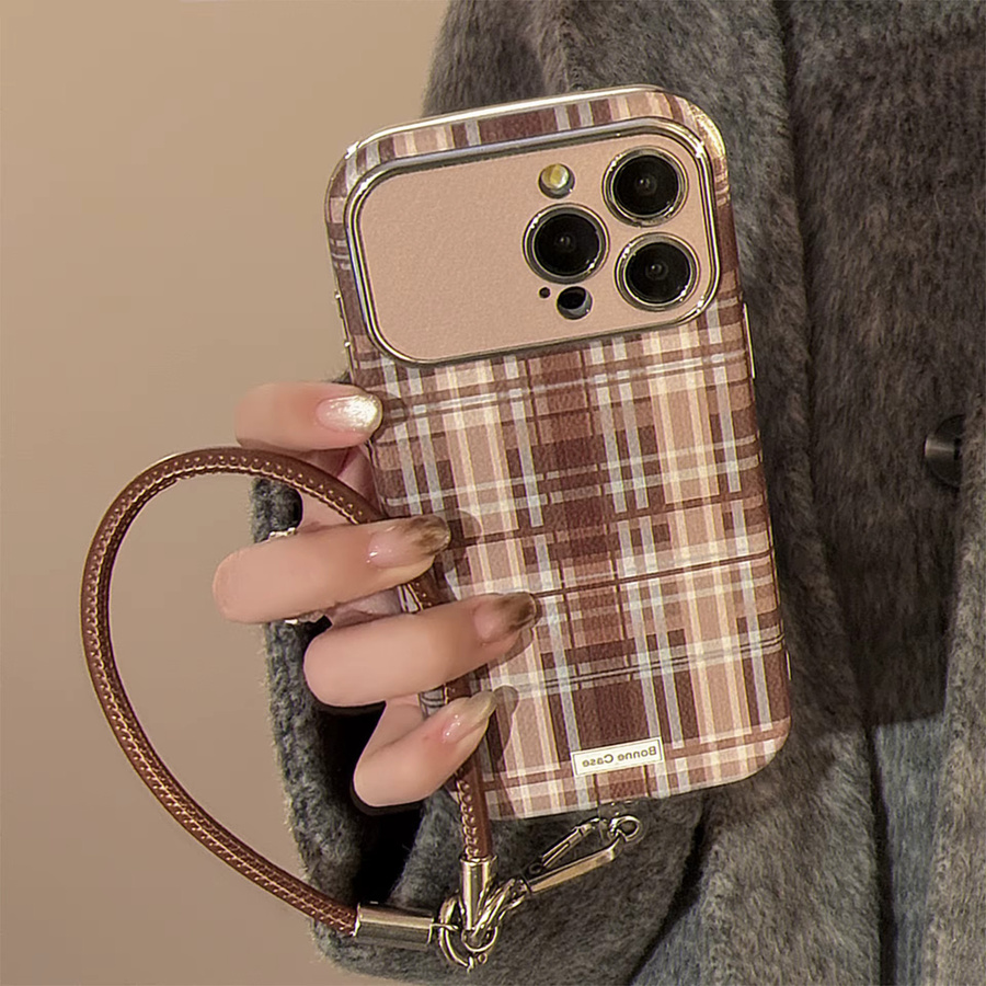 MUQGEW Handyhülle im Koreanischen Retro-Stil mit braunem Gittermuster und stoßfester Handschlaufe für iPhone 17 16 15 14 13 12 11 Pro Max - Bild 2