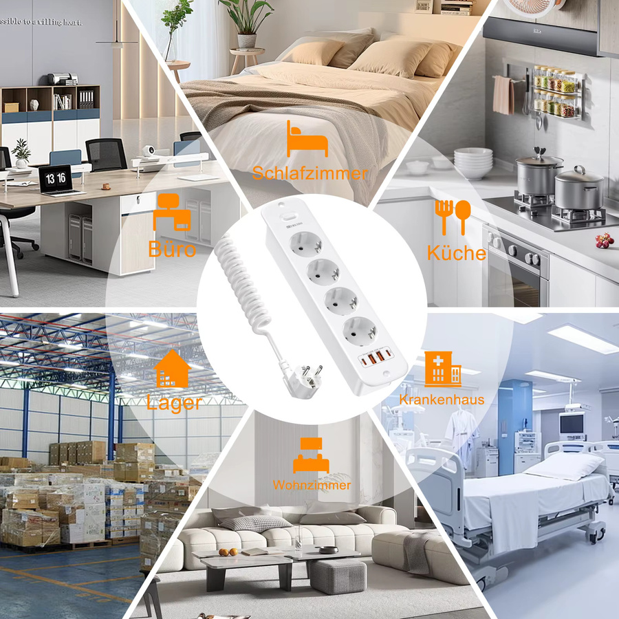 HITRENDS 8-in-1 Multifunktionale Smart-Steckdosenleiste in Weiß mit 4 AC-Anschlüssen, 4 USB-Anschlüssen inklusive 2 Typ-C und 2 Meter Verlängerungskabel mit Sicherheitsschutz - Bild 3