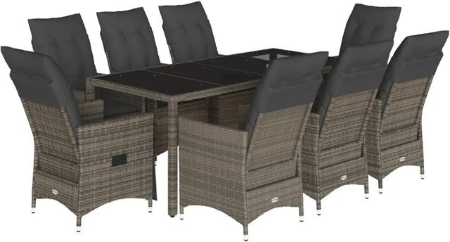 vidaXL 9-teilige Garten-Essgruppe aus Poly-Rattan mit Kissen in Grau - Bild 1