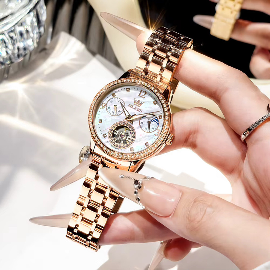OLEVS Armbanduhr Automatik, Edelstahl, Roségold, Diamant, Mondphase, Damen - Bild 5