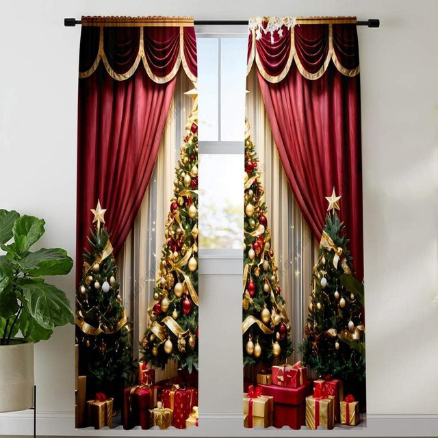 2er-Set Weihnachts Vorhänge mit Weihnachtskugeln und Schneeflocken in Rot, Gold und Weiß, halbtransparent, Höhe: 130 cm, Breite: 50 cm - Bild 1