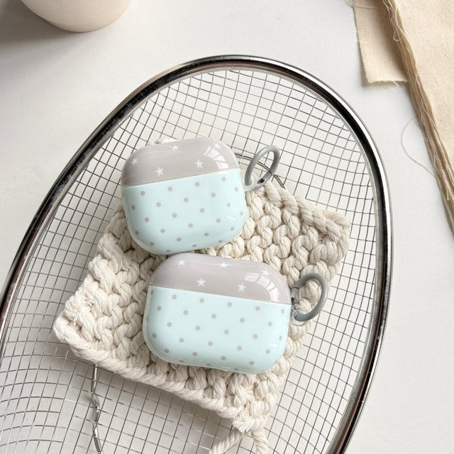 Mintblaue Kopfhörerhülle für Apple AirPods 1 2 3 4 Pro Pro2 Pro3 mit koreanischem minimalistischem Polka-Dot-Muster und fünfzackigem Stern - Bild 1