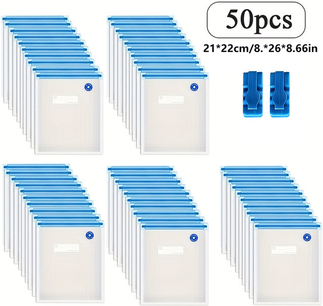 50 Stück wiederverwendbare Vakuumbeutel mit Schnappverschluss, extra große transparente Aufbewahrungsbeutel für Lebensmittel, BPA-frei und lebensmittelecht - Bild 1