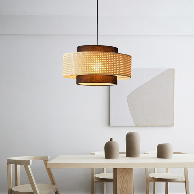 LINCCW Vintage Pendelleuchte aus Rattan in Braun mit warmweißem LED-Licht im Boho-Stil - Bild 1