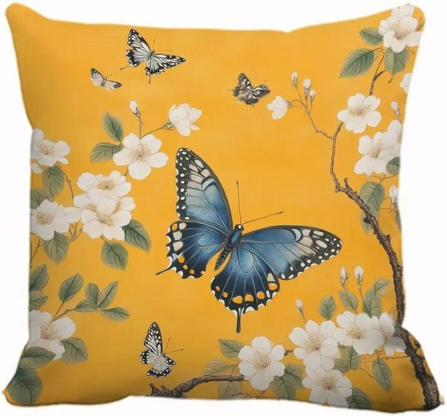 Dekorative Kissenbezüge von JMG Clothing mit Blumen- und Vogelmuster in Gelb, B/B: 50 x 50 cm - Bild 1