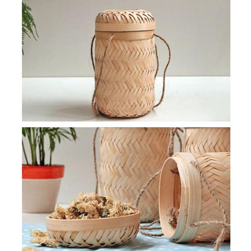 Handgefertigter Aufbewahrungskorb aus Stroh und Rattan mit Deckel, quadratischer Organizer für Snacks oder Teeblätter, B/T/H: 20 x 20 x 4 cm - Bild 4