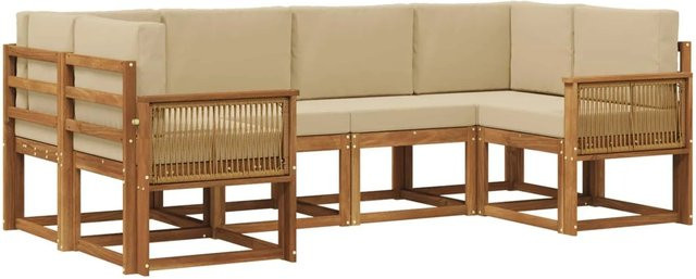 vidaXL Outdoor-Sofagarnitur aus Massivholz Akazie in Natur und Beige, 6-teiliges L-Shape Gartenmöbel-Set mit Polstern - Bild 1