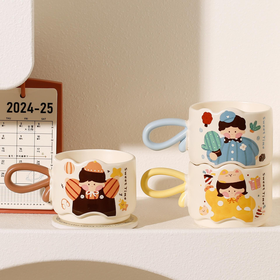 Niedrige Keramiktasse mit Cartoon-Design für Kinder und Studenten, 301-400ml, in verschiedenen Farben erhältlich - Bild 1