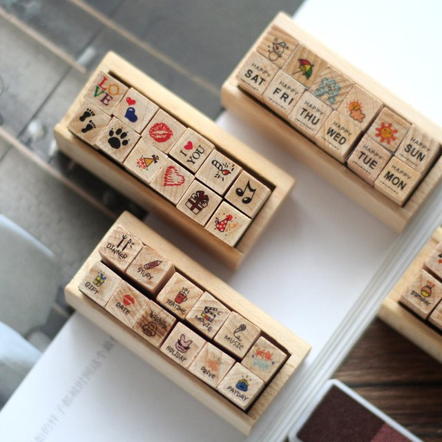 12er Set Retro Cartoon Holzstempel mit bunten Gummistempeln für Scrapbooking und Planer - Bild 1