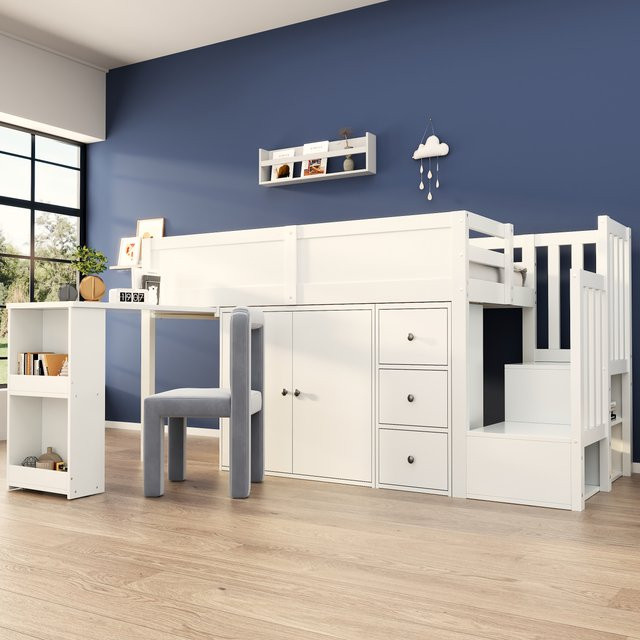 KOMHTOM Multifunktionales Kinderhochbett aus MDF in Weiß mit ausziehbarem Schreibtisch, Schrank, Schublade und seitlichem Ablagefach, B/T/H: 90 x 200 cm - Bild 1