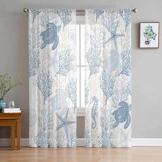 Yiran Furniture Transparente Tüll-Vorhänge mit Marine-Motiv Muscheln Seesterne und Seepferdchen in Blau, 2er-Set, Breite: 135 cm, Höhe: 245 cm - Bild 1