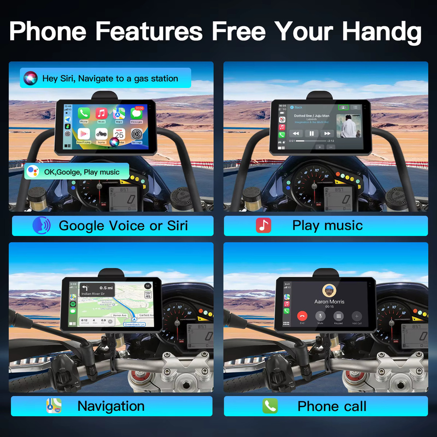 CARABC 6 Zoll Motorrad-CarPlay-Bildschirm mit Android Auto, Bluetooth und GPS-Navigation, IPX68 wasserdicht, Schwarz - Bild 2