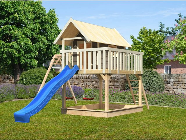 Karibu Stelzenhaus Fidel in Terragrau mit Doppelschaukel und blauer Wellenrutsche - Bild 1