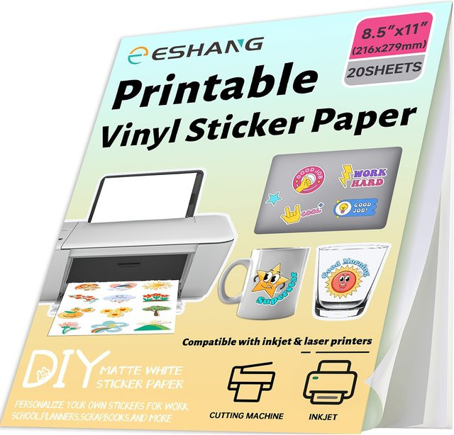 ESHANG 20 Blatt bedruckbares Vinyl-Aufkleberpapier in Mattweiß, wasserfest und selbstklebend, kompatibel mit Tintenstrahldruckern, DIN A4 - Bild 1