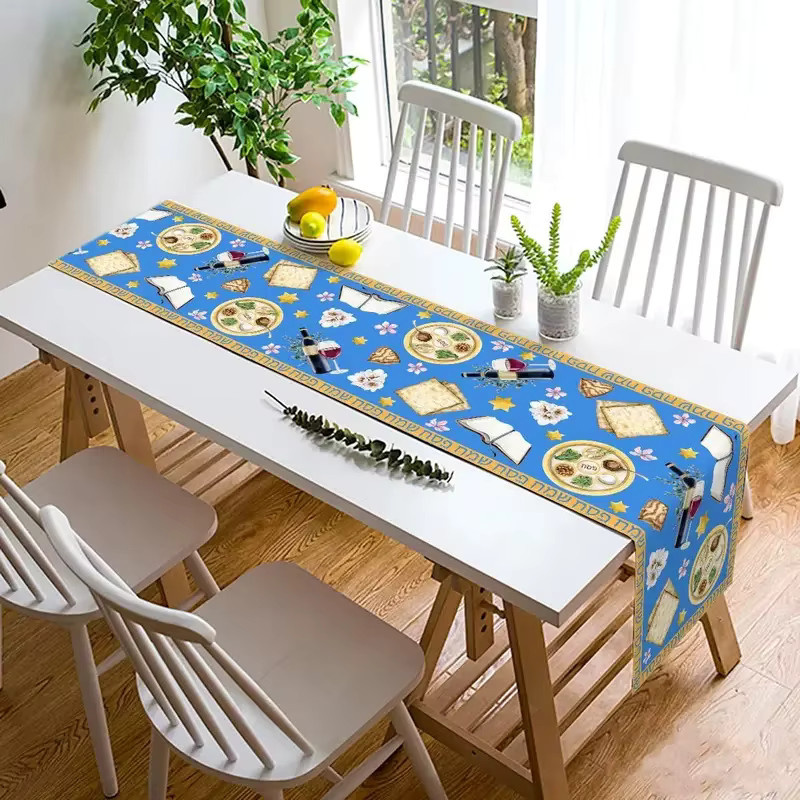 VIKAMA Jüdischer Pessach-Tischläufer aus Leinen in Blau, Tischdekoration für den Seder, Länge: 150 cm - Bild 4