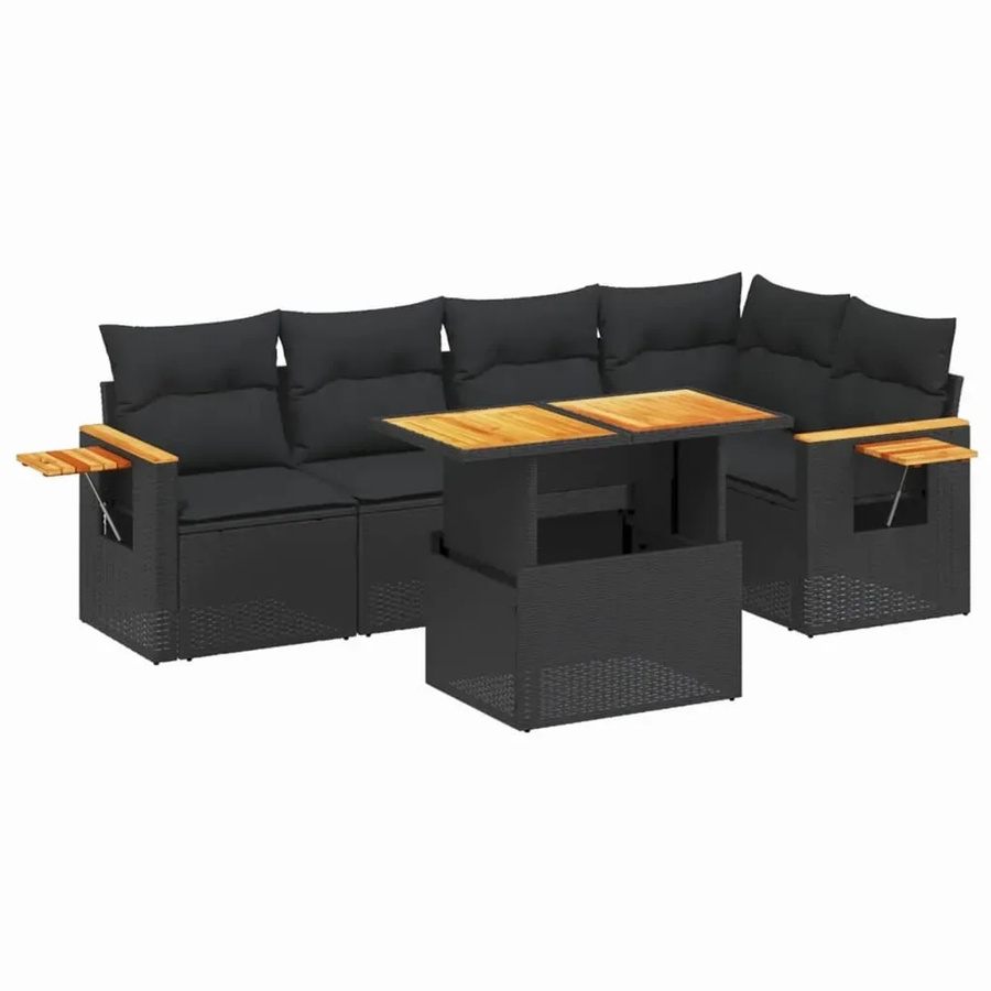 vidaXL 6-teilige Garten-Sofagarnitur in L-Form aus schwarzem Poly-Rattan mit Kissen und Akazienholz - Bild 2