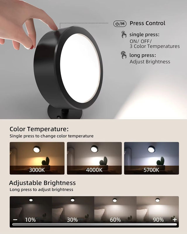 DVOLADOR LED-Wandleuchte mit Touch Control, batteriebetrieben, 3 Helligkeitsstufen und 3 Farbmodi, 360 Grad drehbar, Farbe: Weiß - Bild 3