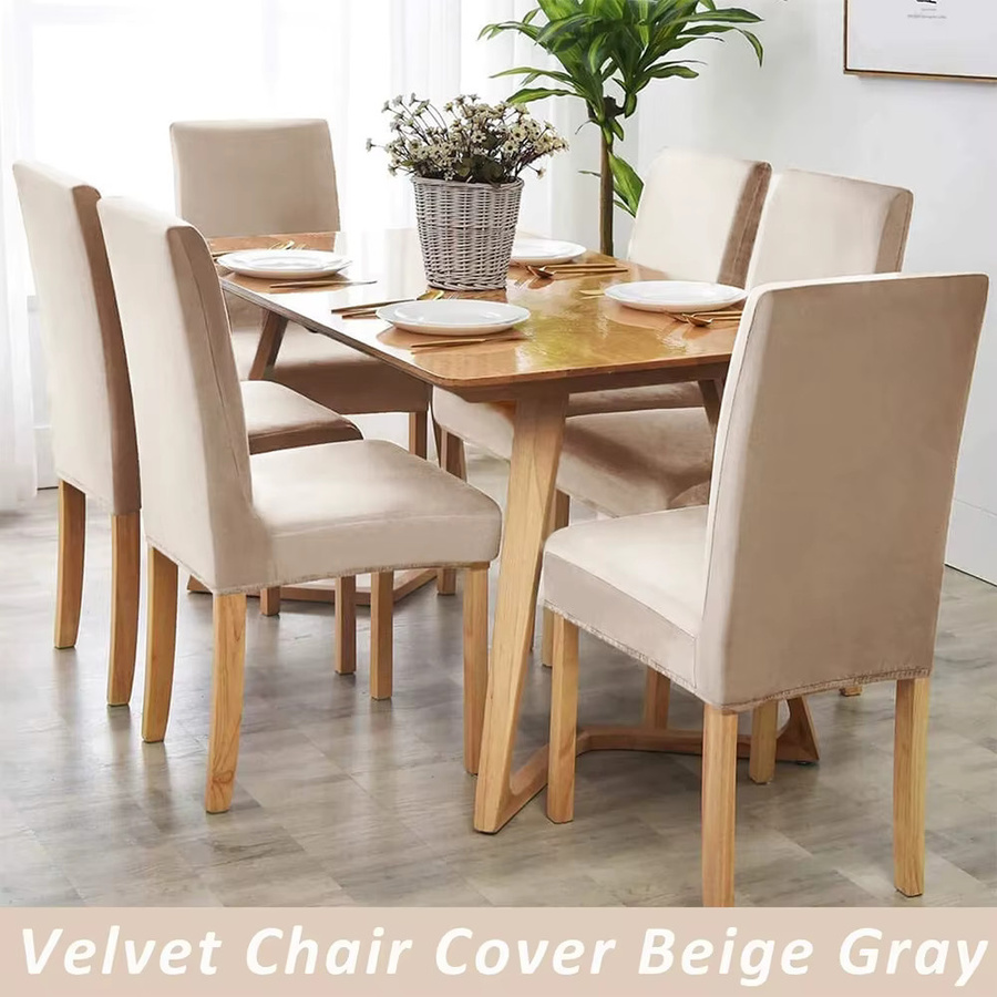 Airldianer Samt Stuhlhussen elastische Stretch Sitzbezüge für Esszimmerstühle in Beige und Grau - Bild 3