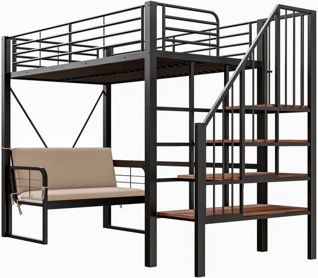 Merax Etagenbett mit Sofa und Stauraum aus Metall und MDF, Schwarz, B/T/H: 200 x 90 x 170 cm - Bild 1