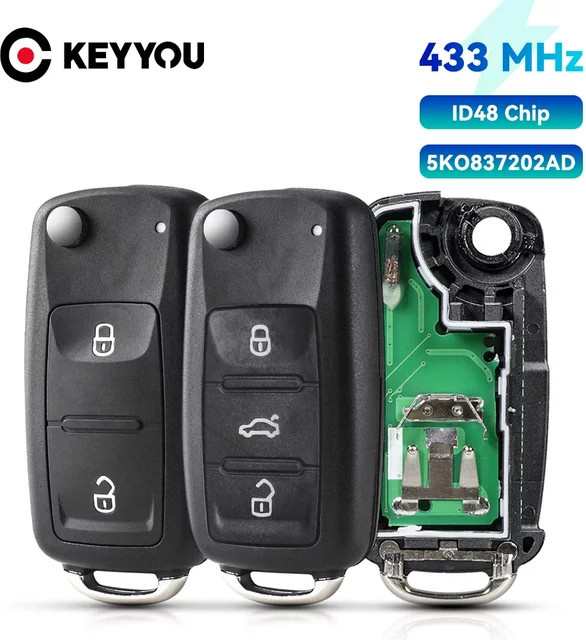 KEYYOU Fernbedienung Klappschlüssel 434 MHz ID48 Chip für VW Volkswagen Golf Passat Tiguan Polo Jetta Beetle Skoda Seat in Schwarz - Bild 1