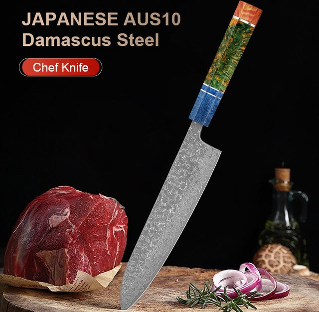 Baovim Japanisches Kochmesser aus Damaststahl mit farbigem Holzgriff, 20,32 cm - Bild 1