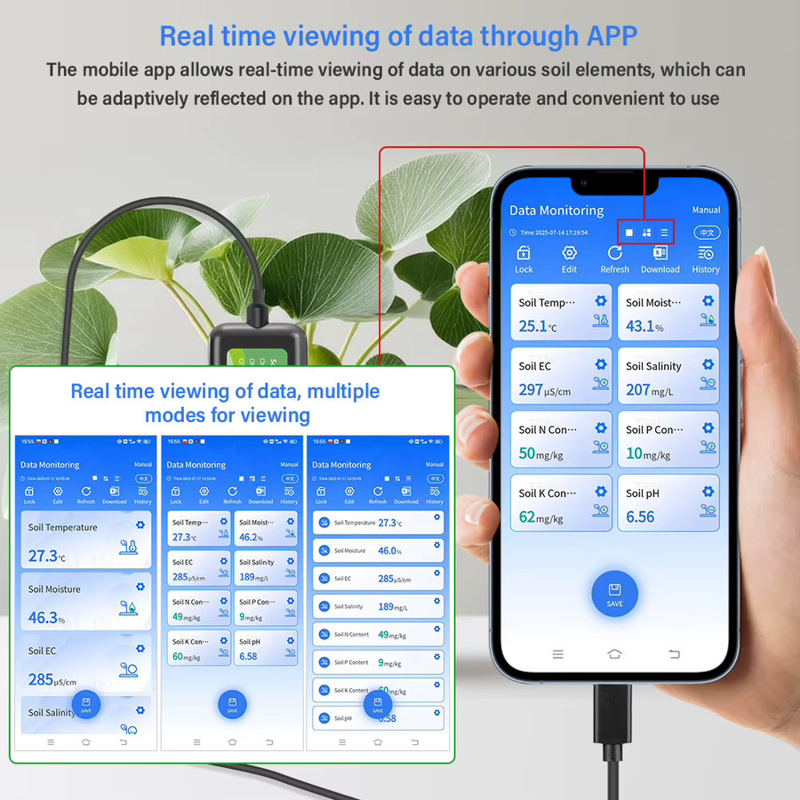 YAGO 8-in-1 Bodensensor für die Landwirtschaft: Smartes Bodenmessgerät für pH, EC, Feuchtigkeit und NPK in Schwarz (Android/HarmonyOS) - Bild 3
