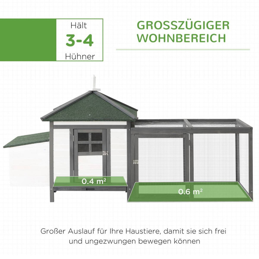 PawHut Zwerghühnerstall aus Kiefernholz mit Auslauf in Grau, B/H/T: 76 x 97 x 196 cm - Bild 3
