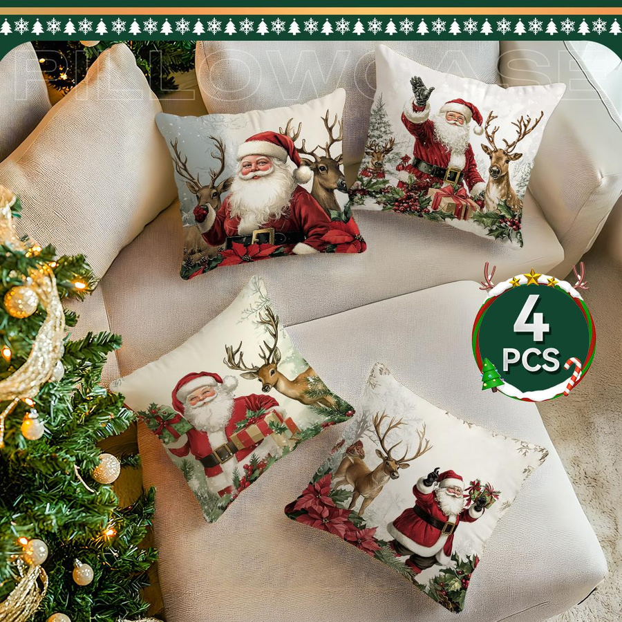 Dekokissen Kissenbezug mit Retro Weihnachtsmann und Rentier aus Polyester, B/B/H: 18 x 18 x 18 cm - Bild 5