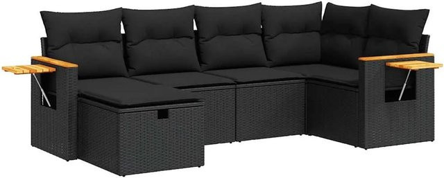 vidaXL 6-teilige Garten-Sofagarnitur in L-Form aus schwarzem Poly-Rattan mit Kissen und pulverbeschichtetem Stahlrahmen - Bild 1