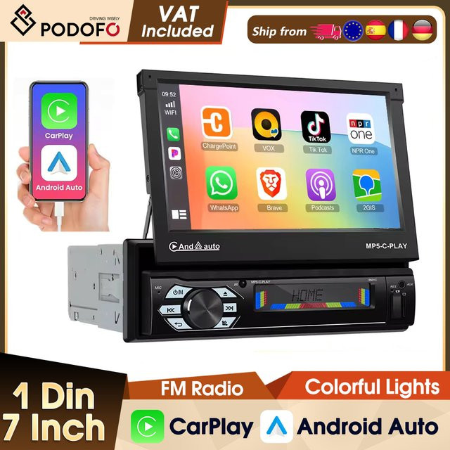 Podofo 7 Zoll Carplay Autoradio mit Android Auto, elektrisch einziehbarer Multimedia-Player, FM-Empfänger, Schwarz - Bild 1