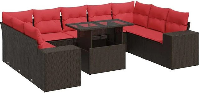 vidaXL 10-teilige Garten-Sofagarnitur aus braunem Poly-Rattan und Akazie mit wetterfesten Kissen und pulverbeschichtetem Stahlgestell - Bild 1