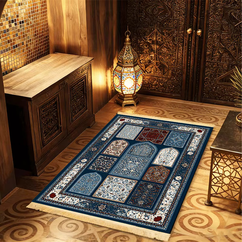 VIKAMA Islamischer Gebetsteppich mit Fransen, rutschfest, blau, orientalisches Design - Bild 4