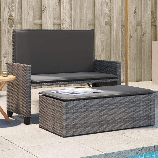 vidaXL Gartenbank aus Polyrattan mit Kissen und Hocker, Grau, B/T/H: 122 x 115 x 97 cm - Bild 2