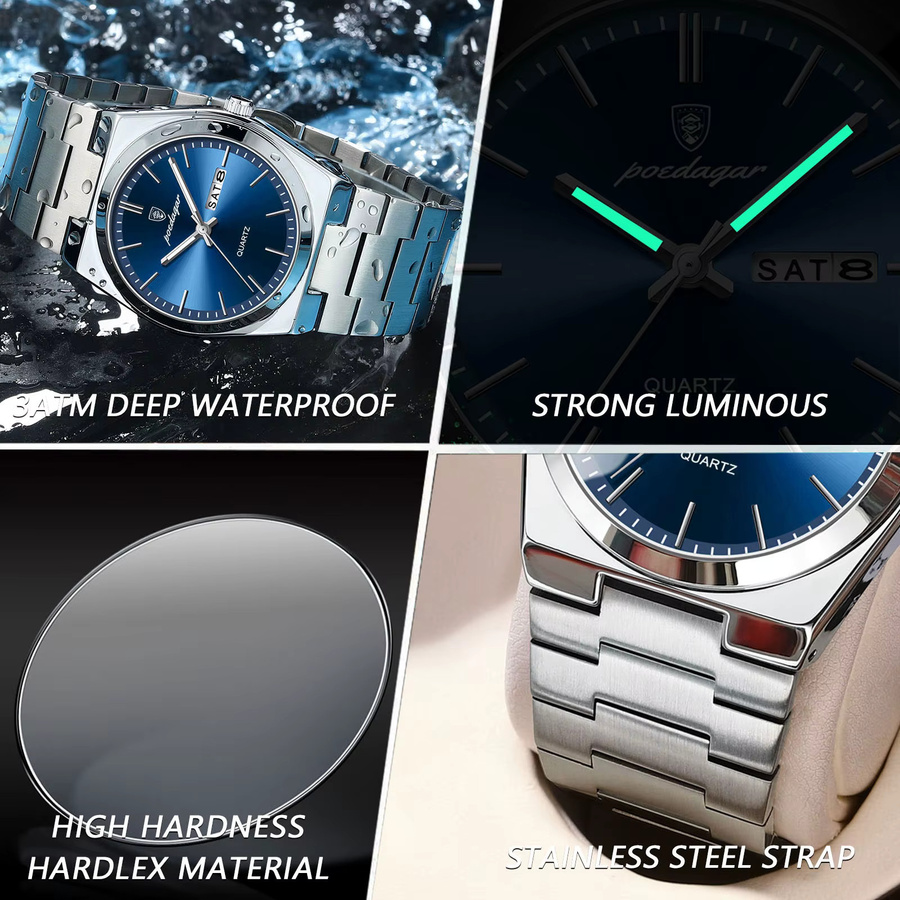 POEDAGAR Armbanduhr Edelstahl, Quarz, Herren, Blau, Datum, Wochentag - Bild 4