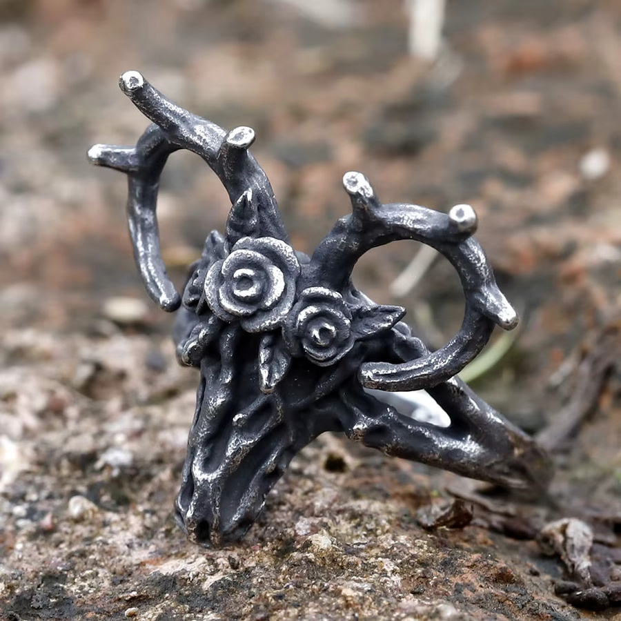 Sika Hirschkopf Tier Ring, Edelstahl, Silber, Unisex, Vintage - Bild 2