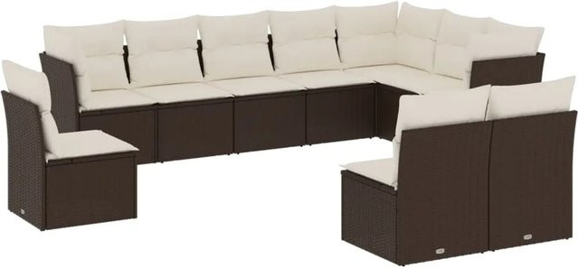 vidaXL 10-teilige Garten-Sofagarnitur in L-Form aus braunem Poly-Rattan mit cremeweißen Kissen und Stauraum - Bild 1