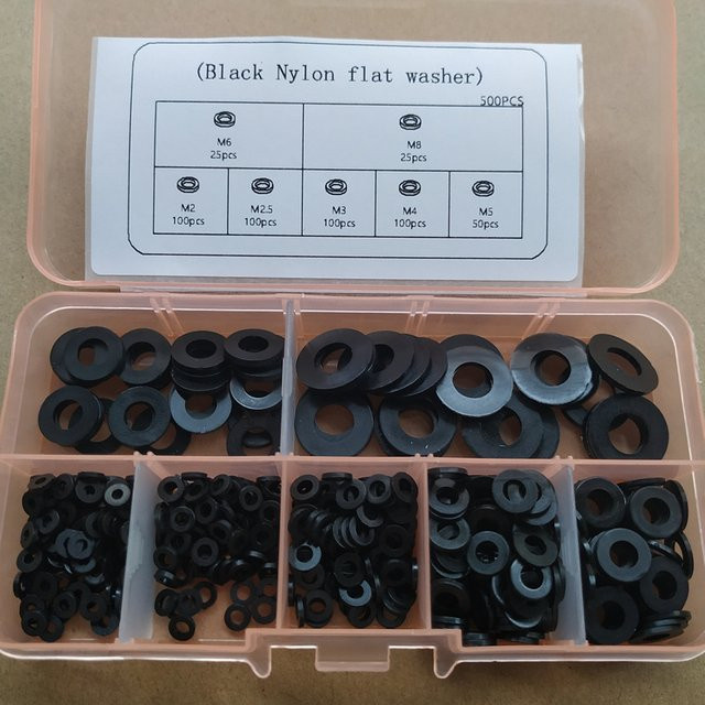Angooter Nylon Unterlegscheiben Set aus Kunststoff, 500 Stück Flache Isolierdistanzstücke und Dichtungsringe in Schwarz und Weiß, M2 bis M8 - Bild 1