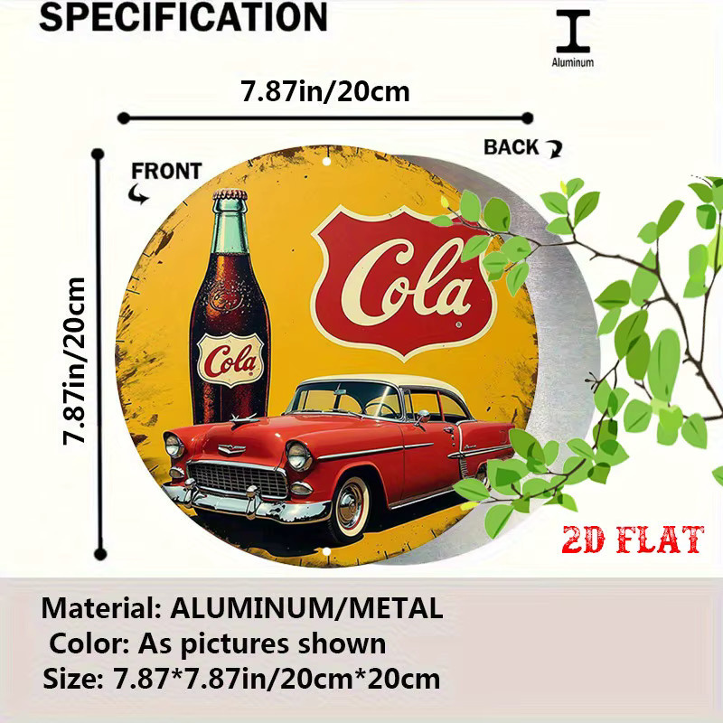 Potdemiel Metallblechschild Vintage Red Car & Cola Beverage Rund, Durchmesser: 20 cm, Farbe: Rot/Mehrfarbig - Bild 2