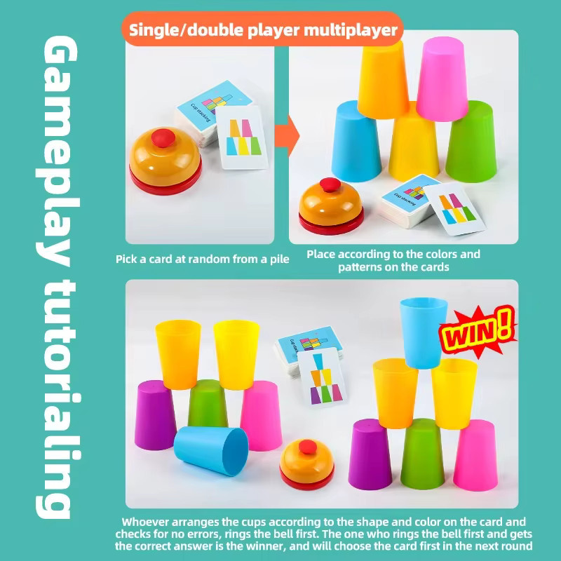 Montessori-Spielzeug Stapelbecher-Kampfspiel mit Karten, Bunt / Mehrfarbig - Bild 4
